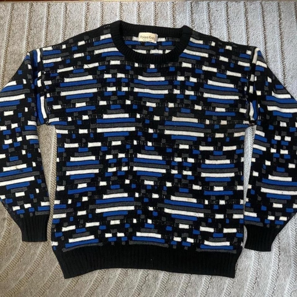 Vtg 90s Polara Knits Black Blue Striped Sweater Size Xl Boho Punk Hip-Hop